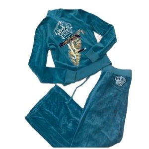 Y2K Juicy Couture Blue VELOUR Tracksuit SET VELVET TRACK PANTS JACKET VINTAGE
